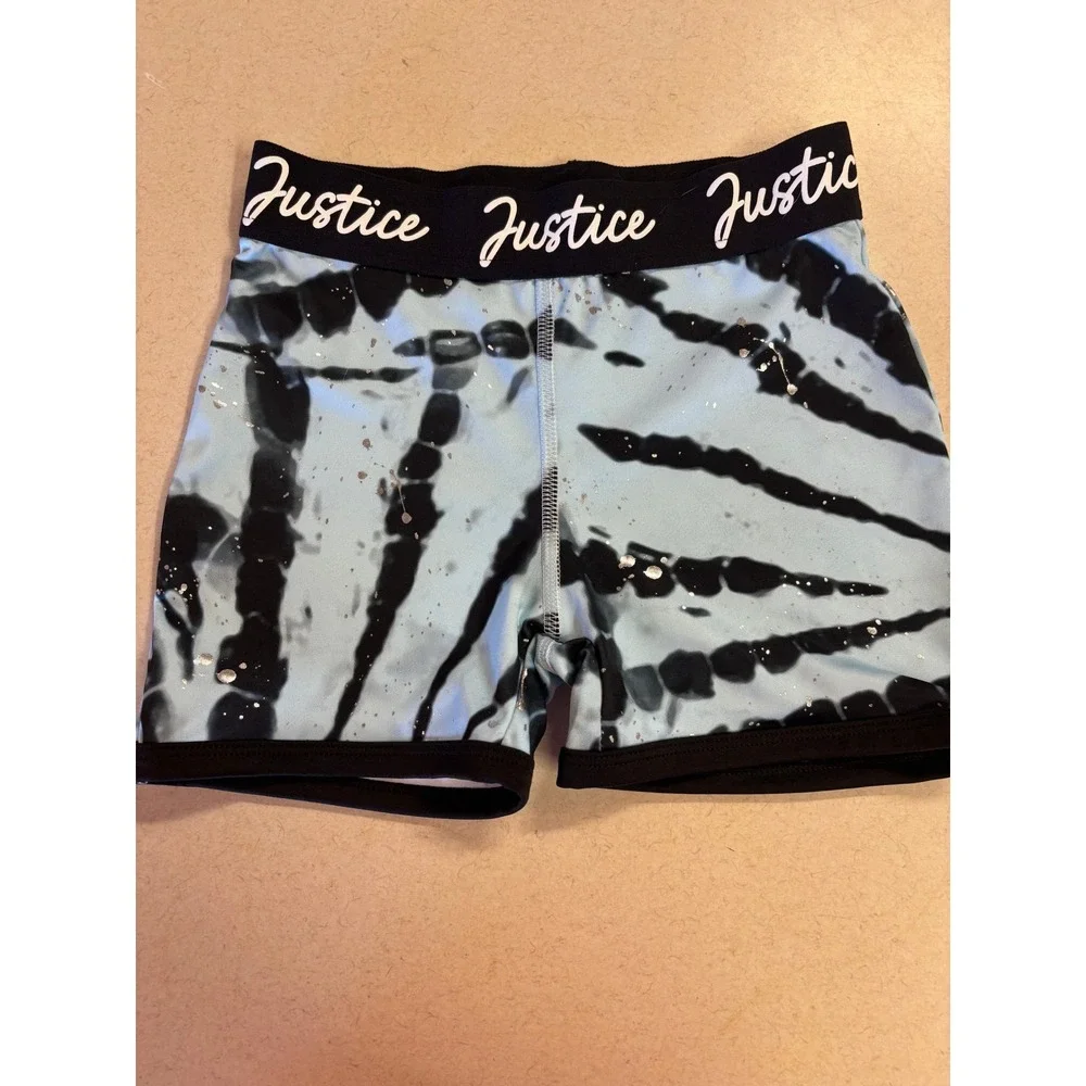 Justice Girls Blue Black Tie Dye Silver Splatter Active Shorts Kids Size S 7/8